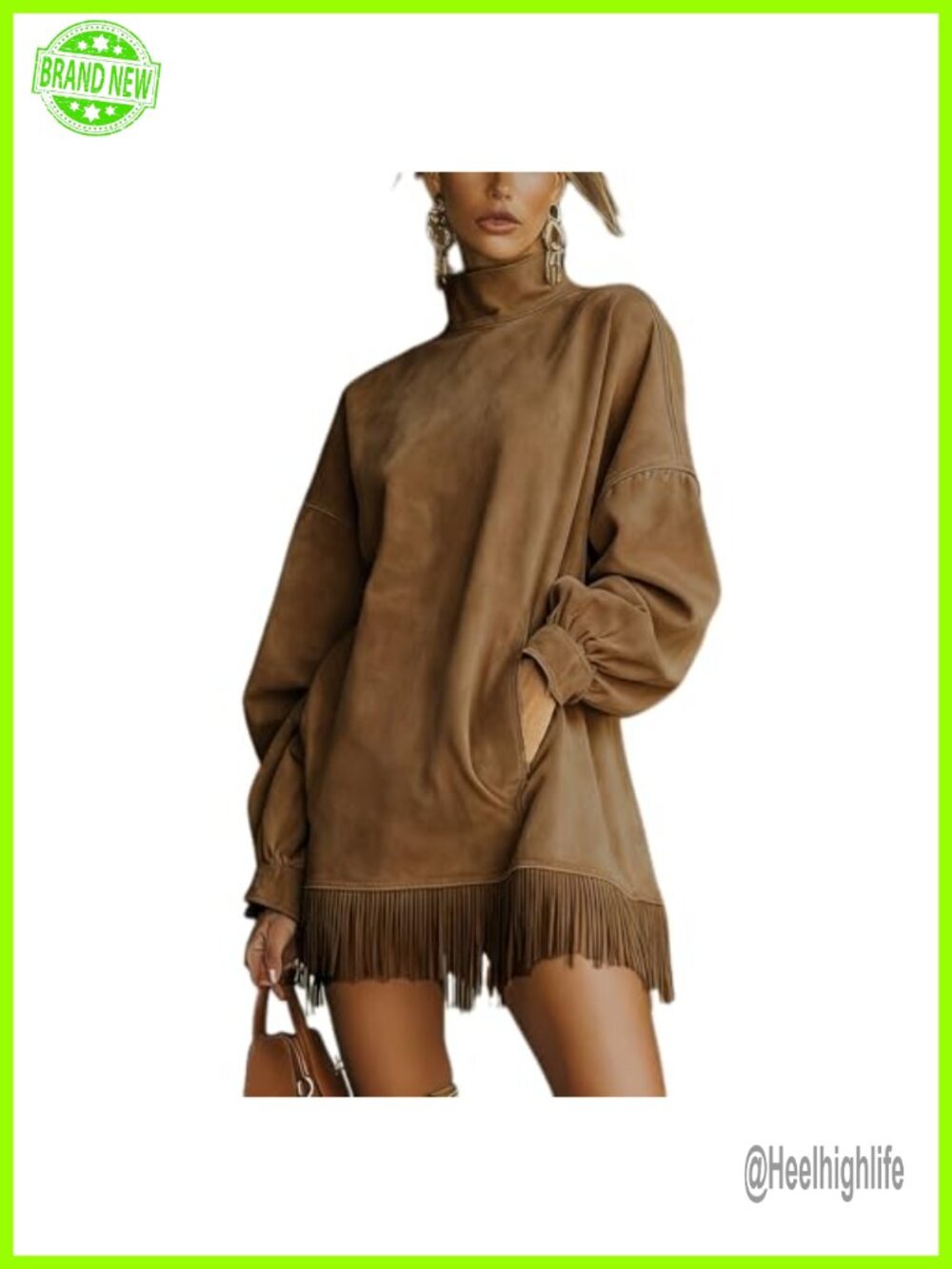Faux Suede Tassel Mini Dress Mock Neck Lantern Sleeve Fringe
